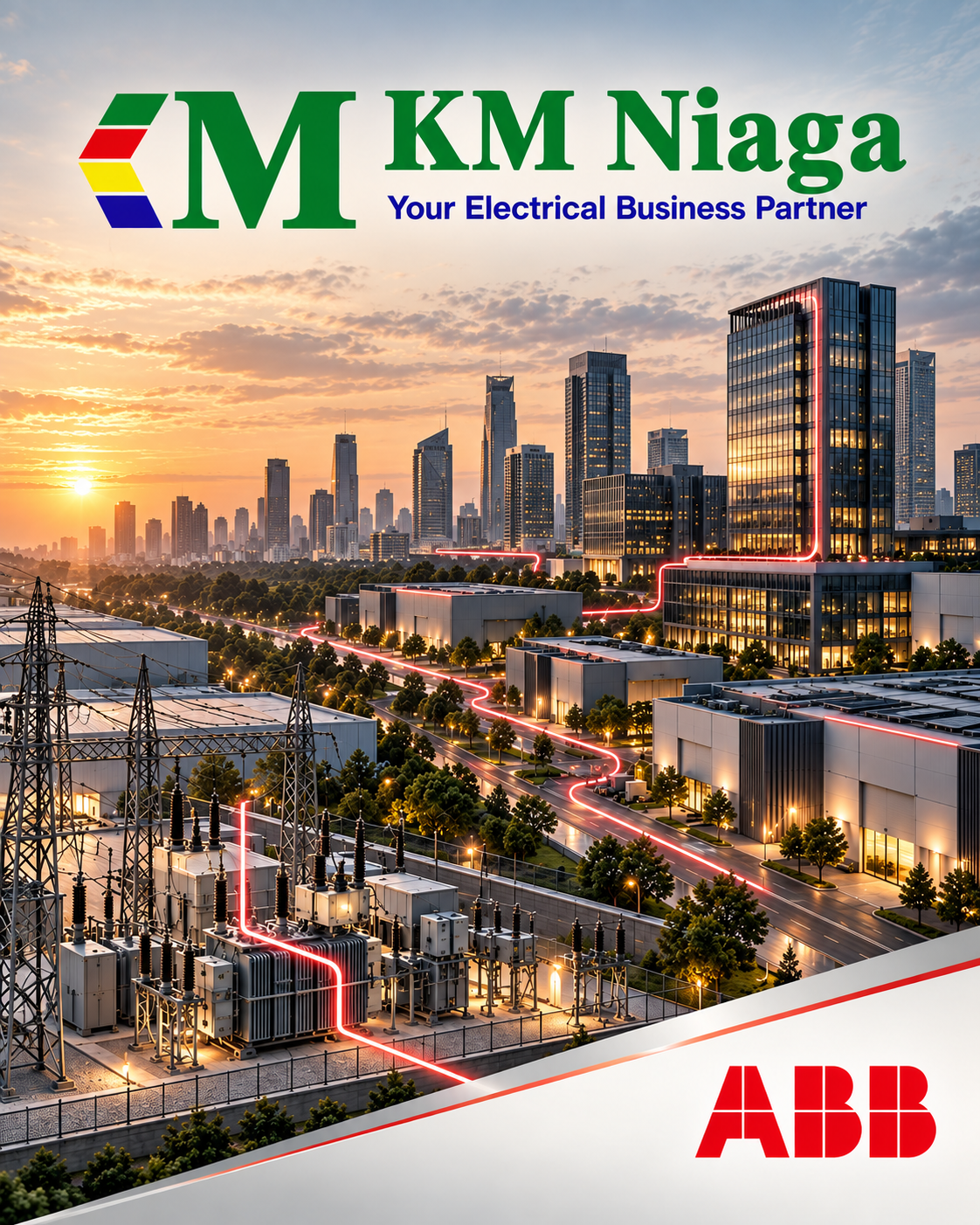 Ilustrasi identitas PT. Kita Maju Niaga dan ABB dengan infrastruktur kelistrikan dan kawasan perkotaan
